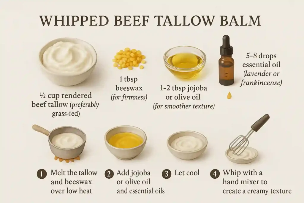 Infographic showing ingredients and step-by-step process for making whipped beef tallow balm with tallow, beeswax, oils, and essential oils in a clean, natural layout.