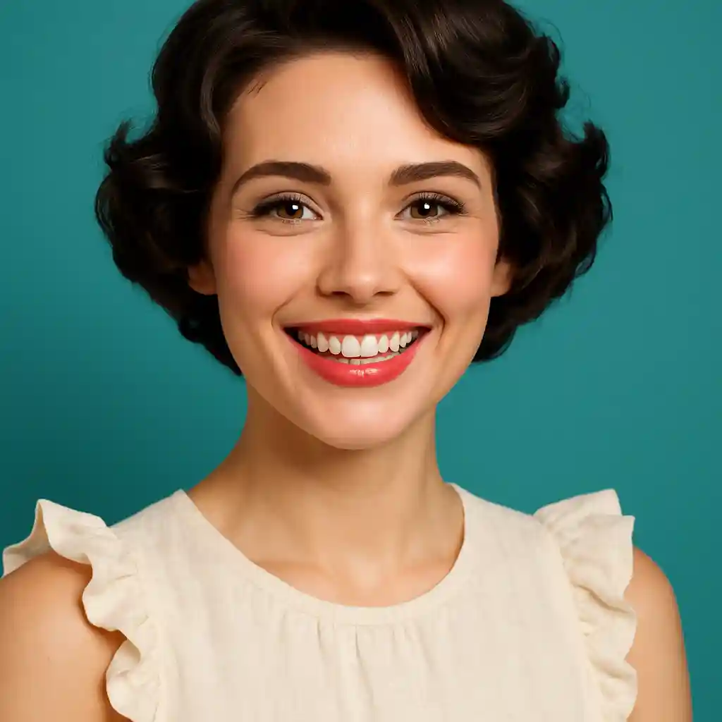 Smiling woman with curly bob hairstyle wearing red polka dot dress — Purellelife beauty & lifestyle brand