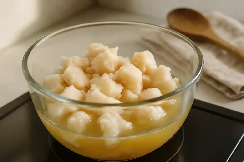 Realistic photo of raw beef tallow melting in a glass bowl with soft natural light and a clean, minimal background, showing the natural rendering process.