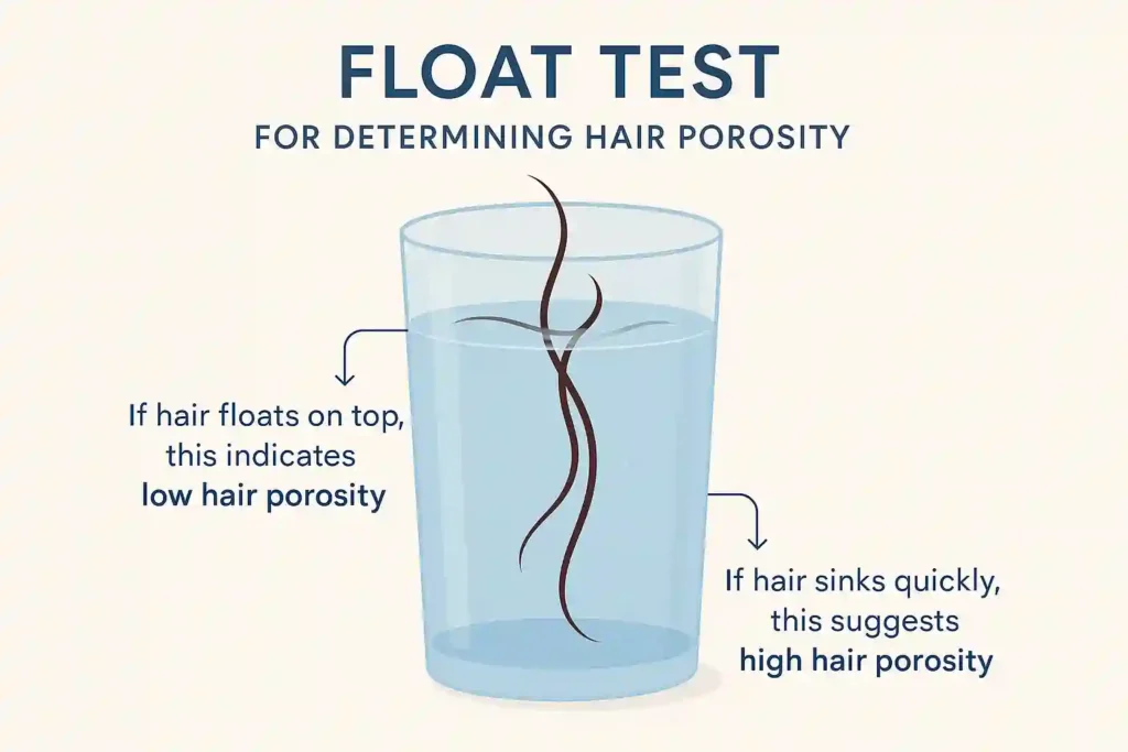 Infographic showing the Float Test for hair porosity. High vs Low Porosity Hair