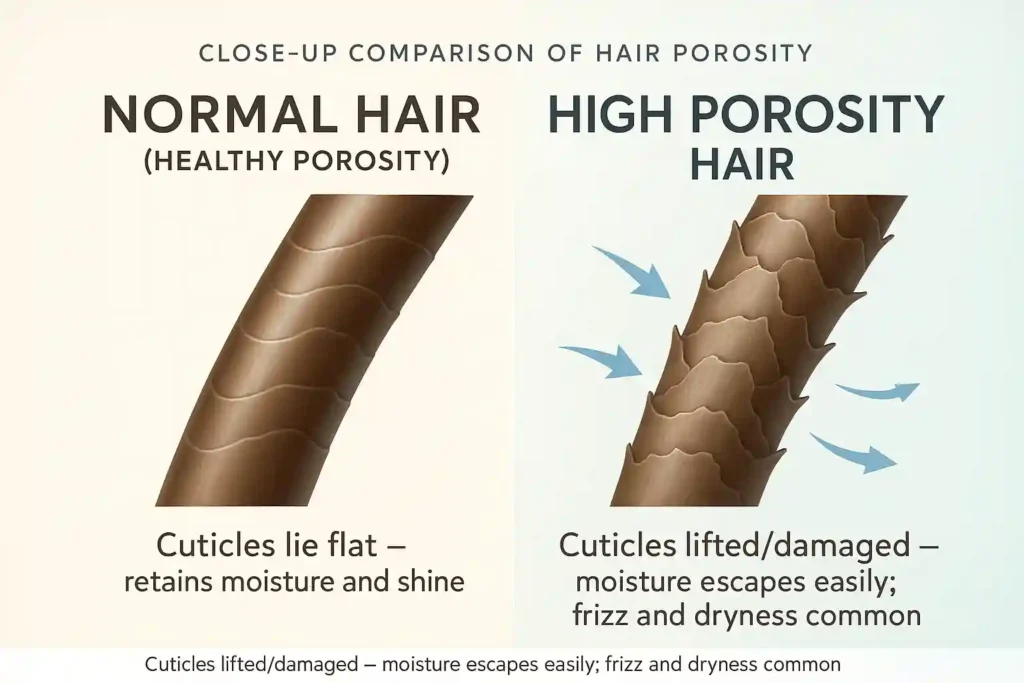 A close-up side-by-side comparison of two hair strands. The left strand, labeled Normal Hair, appears smooth and shiny with tightly packed, flat cuticle layers that reflect light evenly. The right strand, labeled High Porosity Hair, looks rough and frizzy with raised, chipped, and open cuticle scales. Small blue arrows indicate moisture easily entering and escaping the damaged strand. The image visually highlights the structural difference between healthy and high-porosity hair.