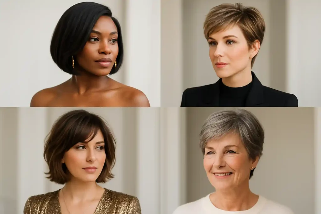 A collage of diverse women with short haircuts for women, featuring bob, pixie, and layered styles inspired by U.S. celebrity fashion under natural light. 