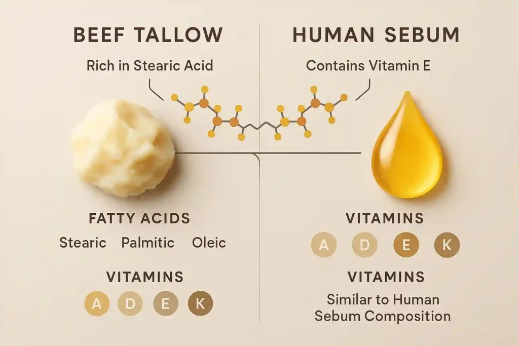Infographic comparing the fatty acid and vitamin composition of beef tallow and human sebum, highlighting their similar structures in a clean, realistic, and professional design.