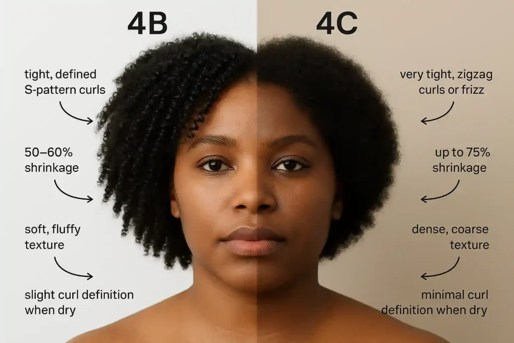 Side-by-side comparison of 4B hair (tight S-pattern curls, ~50–60% shrinkage) and 4C hair (zigzag coils, up to 75% shrinkage), showing texture, definition, and visual differences between the two natural hair types.