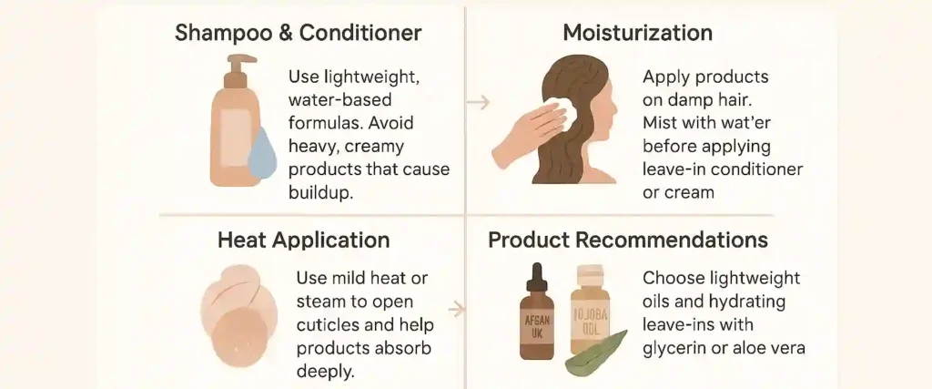 Infographic showing hair care tips for low porosity hair, including lightweight shampoo, heat or steam use, moisturizing on damp hair, and avoiding heavy products.