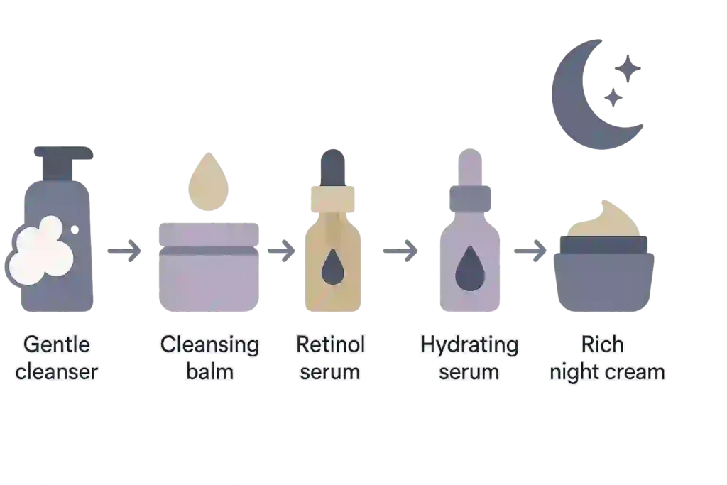 Minimalist infographic with clean icons showing step-by-step night skincare routine — double cleansing, retinol serum, hydrating serum, and night moisturizer under soft evening tones