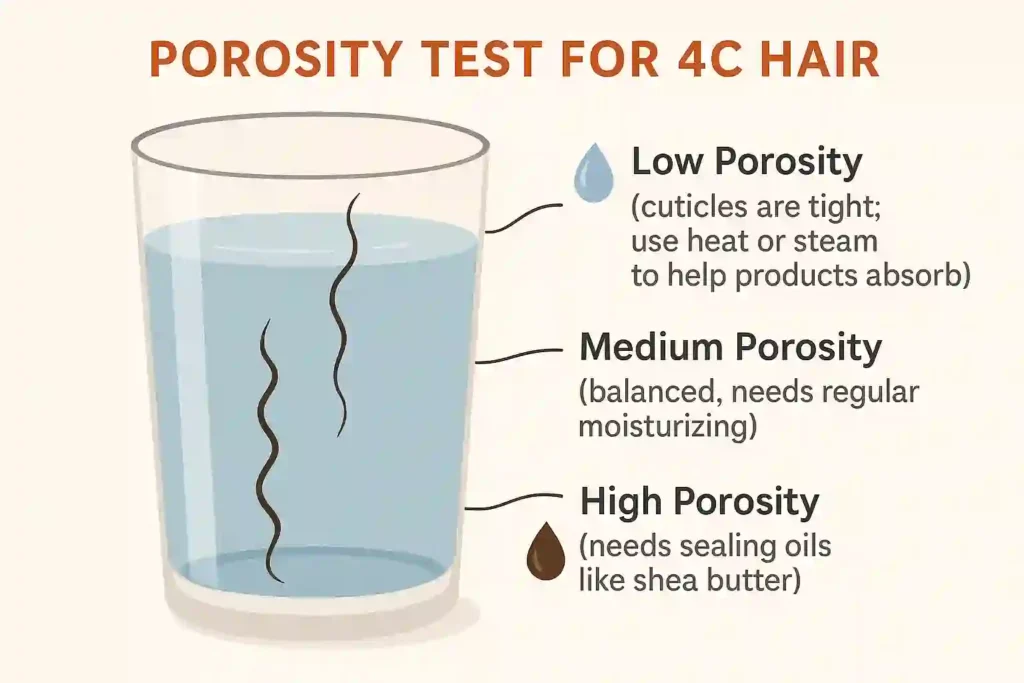 Illustrated porosity test for 4C hair showing three strands in water: low porosity (floats), medium porosity (hovers), high porosity (sinks) — with care tips for each type.