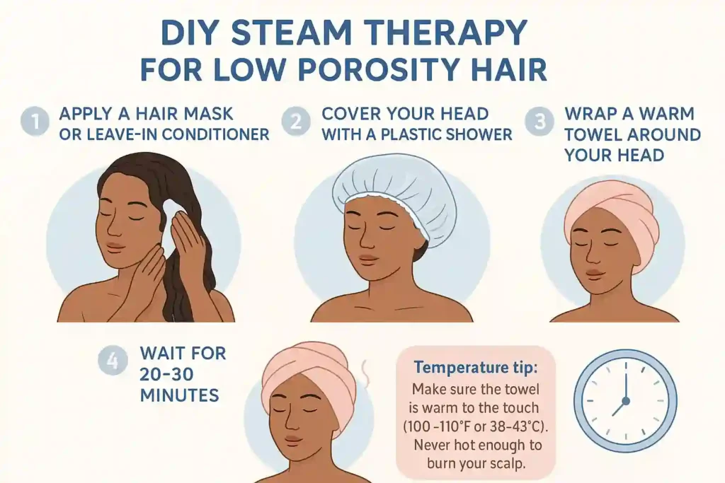 Step-by-step infographic tutorial for DIY steam therapy for low porosity hair. The infographic shows the steps: applying a hair mask or leave-in conditioner, covering with a shower cap, wrapping a warm towel around the head, and waiting 20-30 minutes. Includes a safe temperature tip and visuals for each step to guide the process.