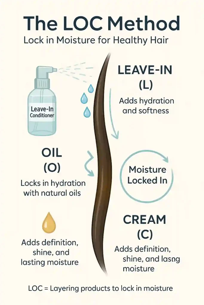 Infographic illustration showing the LOC hair-moisturizing method: Leave-In, Oil, and Cream. A smooth hair strand is hydrated with blue water droplets (Leave-In), sealed with a thin golden oil layer (Oil), and coated with a soft creamy layer (Cream). Curved arrows and text indicate ‘Moisture Locked In,’ symbolizing how each product layer helps retain hydration inside the hair.