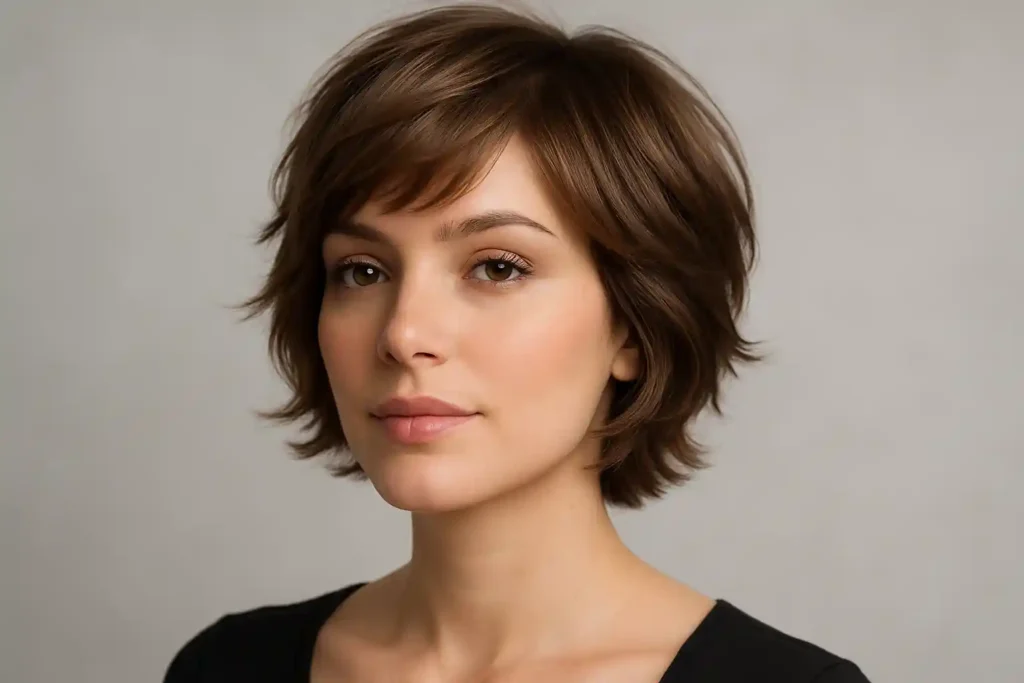 A woman with a softly layered short haircut posing in a studio, showing natural hair texture and soft volume under professional lighting.