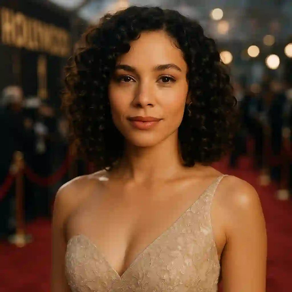 Beautiful actress with shoulder-length medium curly hair and light layers, wearing a glamorous dress and light makeup, posing on the Hollywood red carpet.