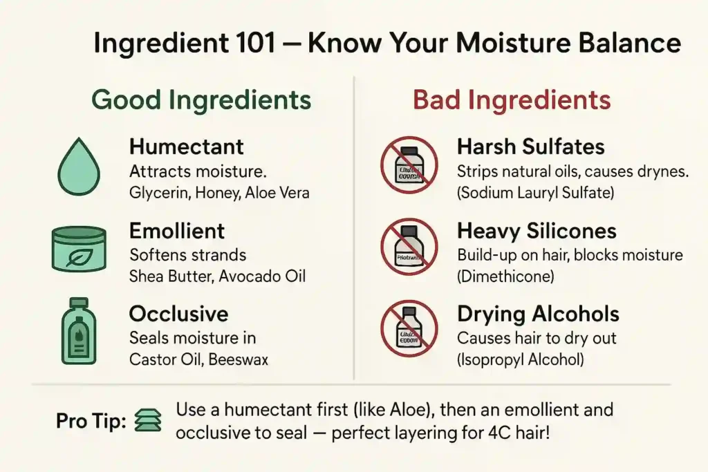 Infographic titled ‘Ingredient 101 — Know Your Moisture Balance’ comparing good ingredients (humectants like glycerin, emollients like shea butter, occlusives like castor oil) vs. bad ingredients (harsh sulfates, heavy silicones, drying alcohols) for 4C hair — with pro tip on layering for optimal moisture.