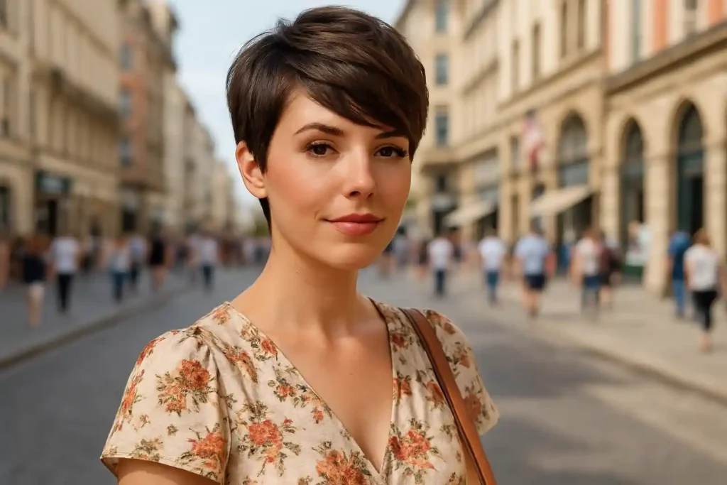A stylish woman with a textured pixie haircut and side-swept bangs posing outdoors in a tourist-style street, wearing a beautiful dress and shoulder bag under natural light.