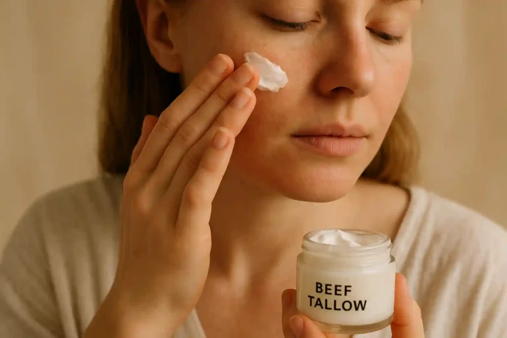 Realistic close-up of a person with sensitive skin gently applying creamy beef tallow moisturizer on cheeks or dry hands, showing a soft, natural skincare moment.