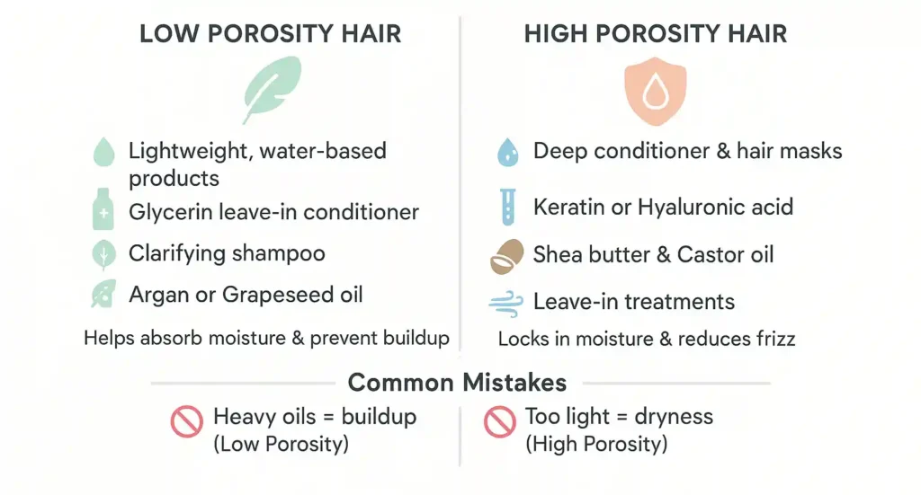 Infographic comparing product recommendations for low vs high porosity hair. The left side shows icons for lightweight, water-based products such as glycerin leave-in conditioners, clarifying shampoos, and argan or grapeseed oils for low porosity hair. The right side displays icons for deep conditioners, keratin or hyaluronic acid treatments, shea butter, and castor oil for high porosity hair. At the bottom, small warning icons highlight common mistakes—heavy oils causing buildup for low porosity and light products causing dryness for high porosity. Clean white background with pastel accents and minimal text.