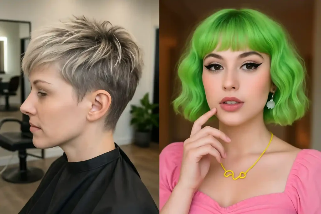 Stylish short bob haircuts for women — featuring a textured platinum pixie cut and a vibrant neon green wavy bob with bangs. Perfect inspiration for bold, modern hairstyles.