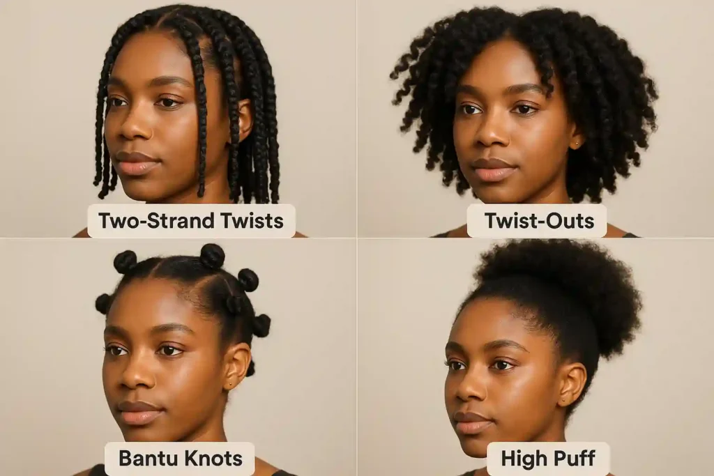 Four protective hairstyles for natural hair: Two-Strand Twists (long, defined coils), Twist-Outs (soft, voluminous curls), Bantu Knots (small, coiled buns), and High Puff (fluffy, gathered updo) — all shown on a Black woman against neutral background.