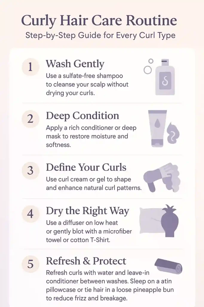 Clean, modern infographic titled “Curly Hair Care Routine: Step-by-Step Guide for Every Curl Type,” featuring five illustrated steps — washing, deep conditioning, defining curls, drying with a diffuser, and protecting with a satin pillowcase — in soft pastel colors with clear, readable text and minimal, elegant design.