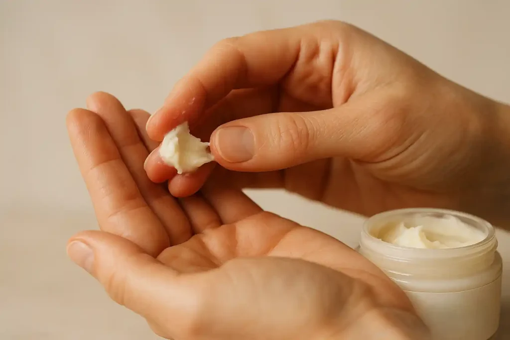 Close-up of hands rubbing a small amount of creamy beef tallow moisturizer between fingers, showing the natural melting texture before applying to the face.