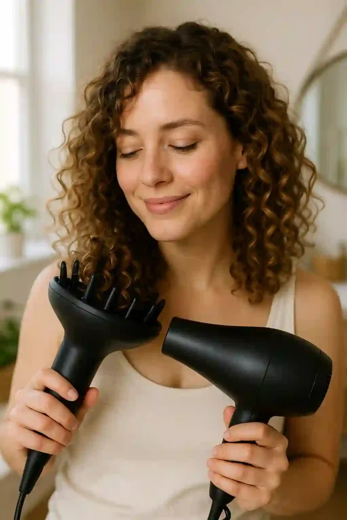 Woman with medium-length soft brown curly hair using a diffuser to dry her curls, smiling in a bright bathroom with natural light, showing bouncy and defined curls with natural texture and shine.