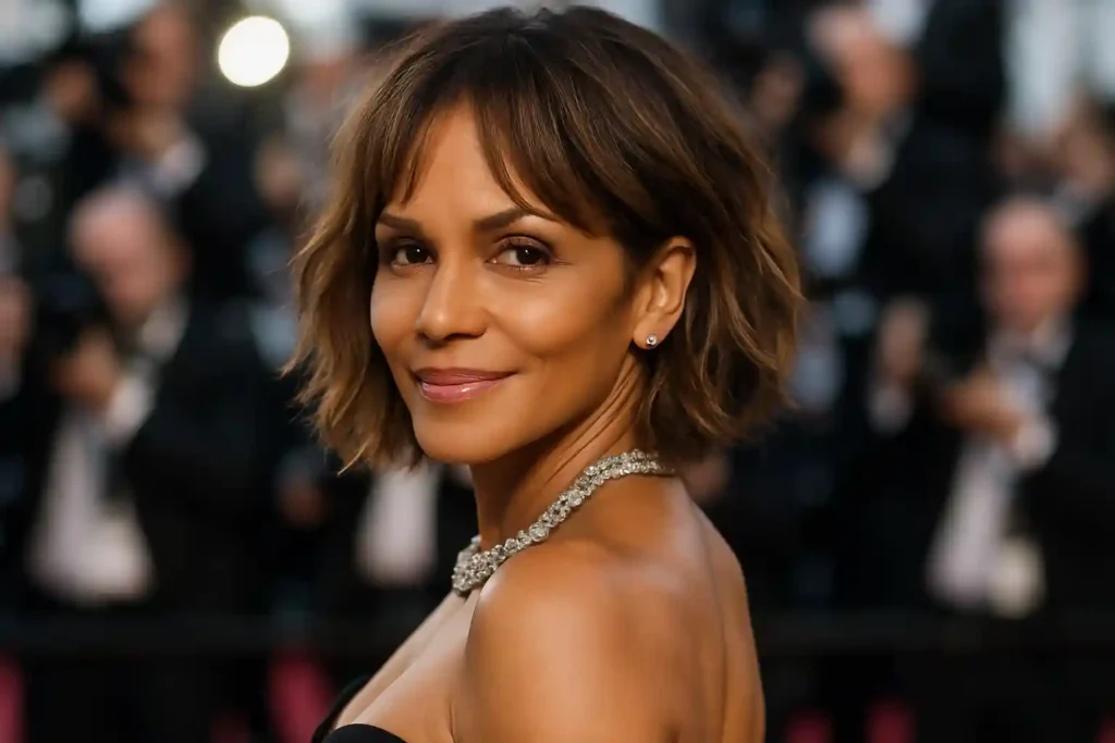 Halle Berry with a textured choppy bob hairstyle — flattering for oval face shapes — at a red carpet event, wearing a black strapless gown and diamond necklace.