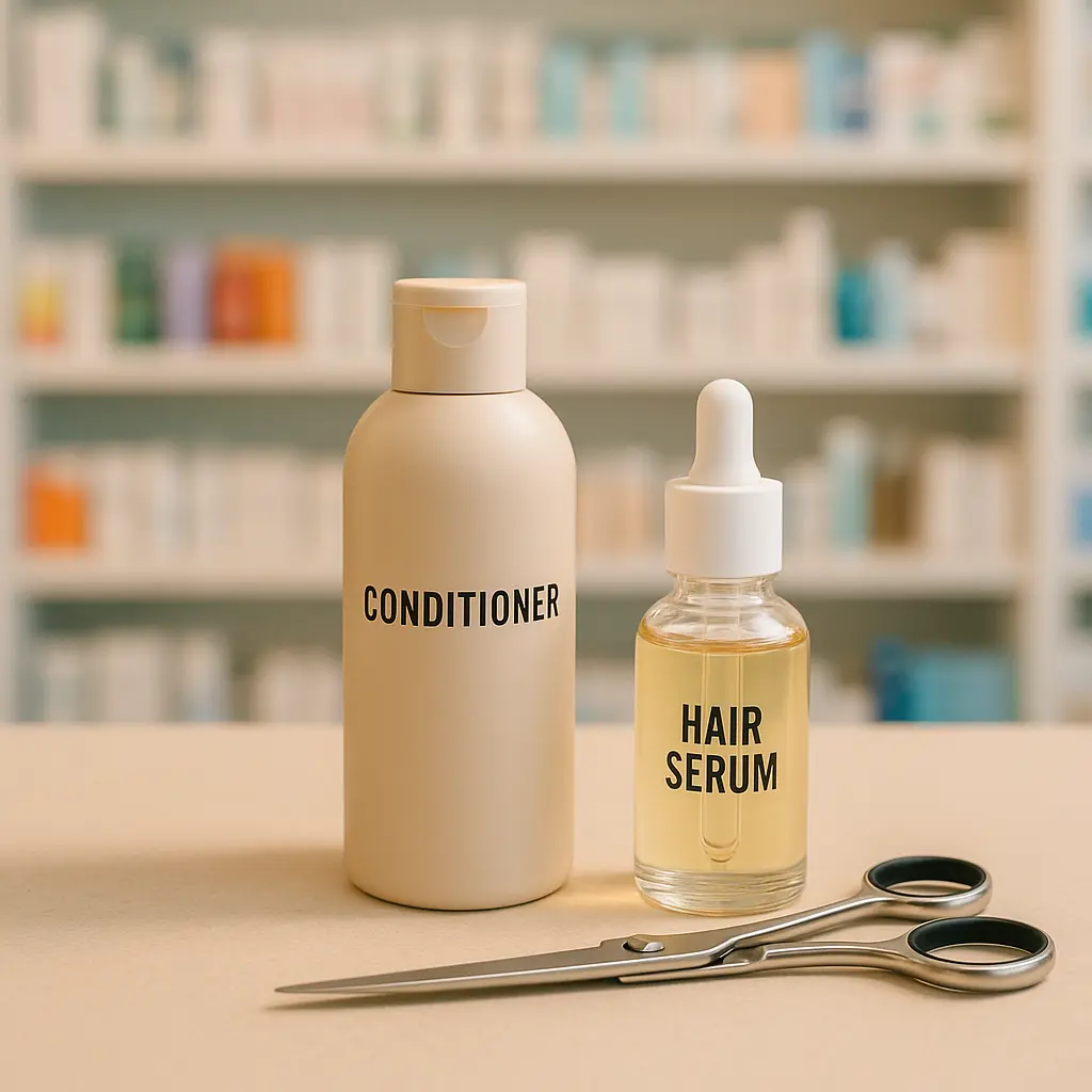 A flat lay of haircare essentials—shampoo, conditioner, serum, and scissors—symbolizing maintenance